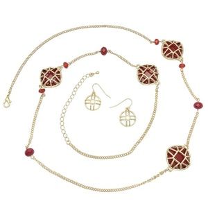 Red Asymmetrical Gold Long Necklace Earrings Set